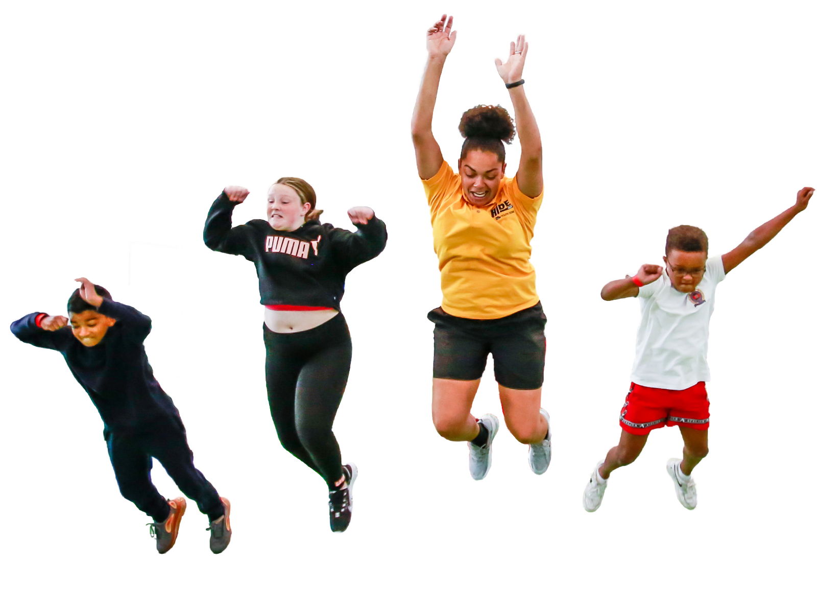 Group of four children leaping in the air